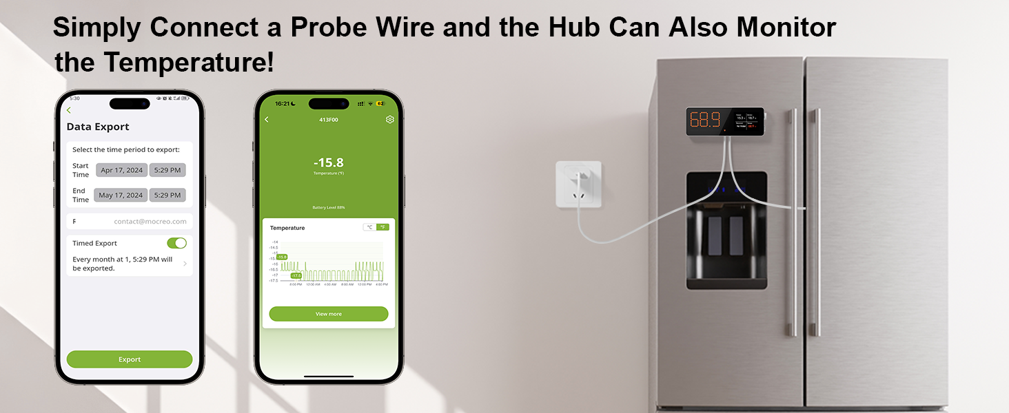 Simply add a probe, and the Hub also becomes a thermometer