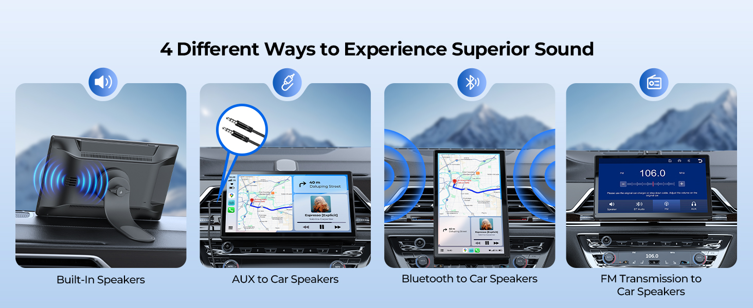 Infographic displaying four ways to experience car audio: built-in speakers, AUX-in car speakers, Bluetooth car speakers, and FM transmission to car speakers, with illustrative icons and images.