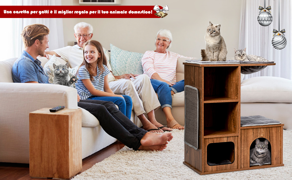 COSTWAY Tiragraffi Per Gatti Grandi Adulti, Tiragraffi Gatto Con Cuccia, Amaca, Piattaforme E Cuscini Rimuovibili, Albero Tiragraffi Da Divano In Legno, Portata 20 Kg, 69 X 39 X 80,5 Cm 17 5