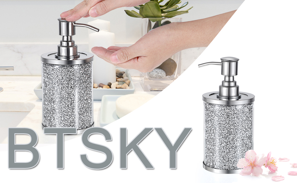 BTSKY Sparky Glass 350ml/12 Oz Soap Dispenser Bottle Crushed Diamonds Wash Hand Liquid Dish