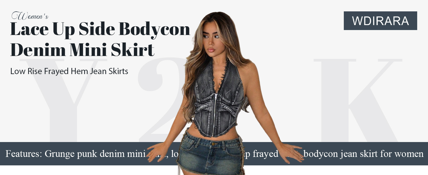 WDIRARA Women&#39;s Lace Up Side Bodycon Denim Mini Skirt Y2k Low Rise Frayed Hem Jean Skirts