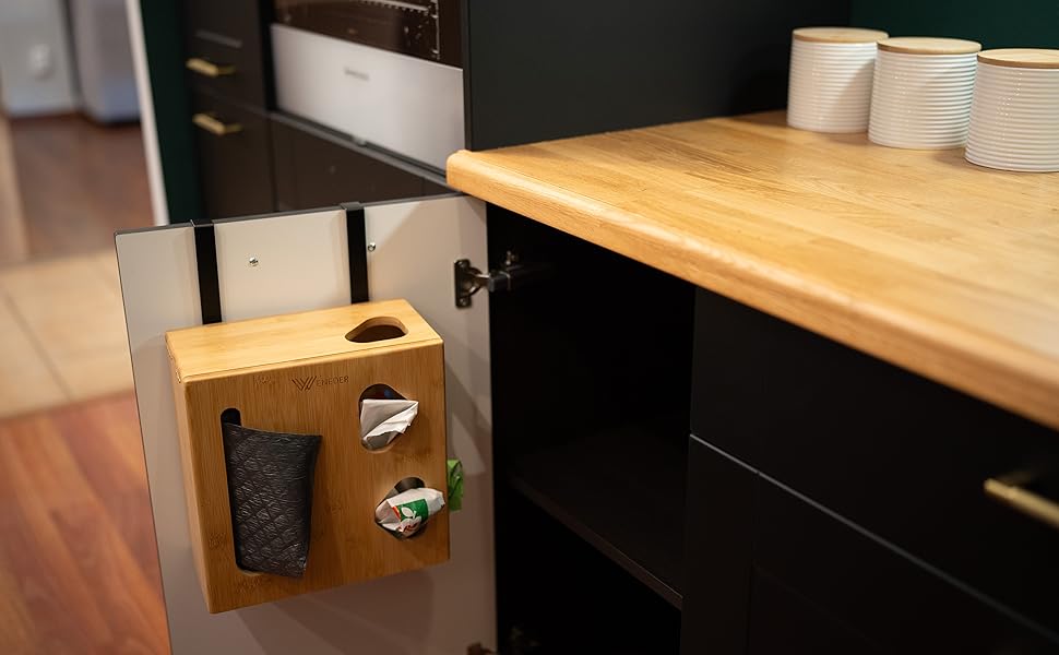 bamboo kitchen accessories, organization for kitchen, garbage bag storage dispenser, trash bags