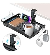 KDD Under Desk Organizer - 360�� Rotating Clamp-On Tray with Headphone Hook, Phone&Tablet Holder, ...