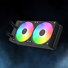 Dual-fan computer cooling system with RGB lighting effects, displayed against a dark background.