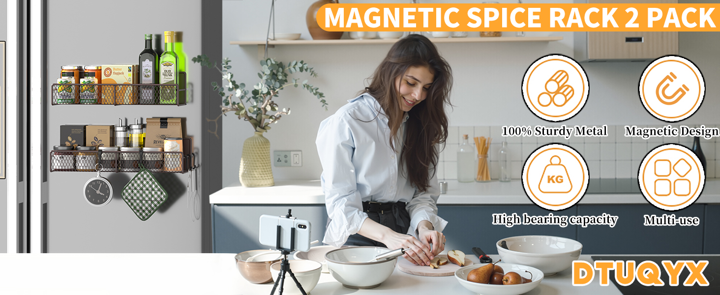 Magnetic Spice Rack for Refrigerator, 2 Pack 100% Metal Strong Magnet Shelf Black,Spice Organizer