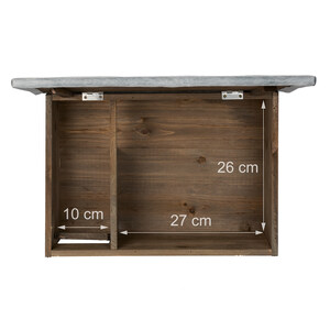 Der Text zeigt die Maße: „26 cm“, „10 cm“, „27 cm“. Abgebildetes Holzregal oder Möbelstück mit Maßmarkierungen.
