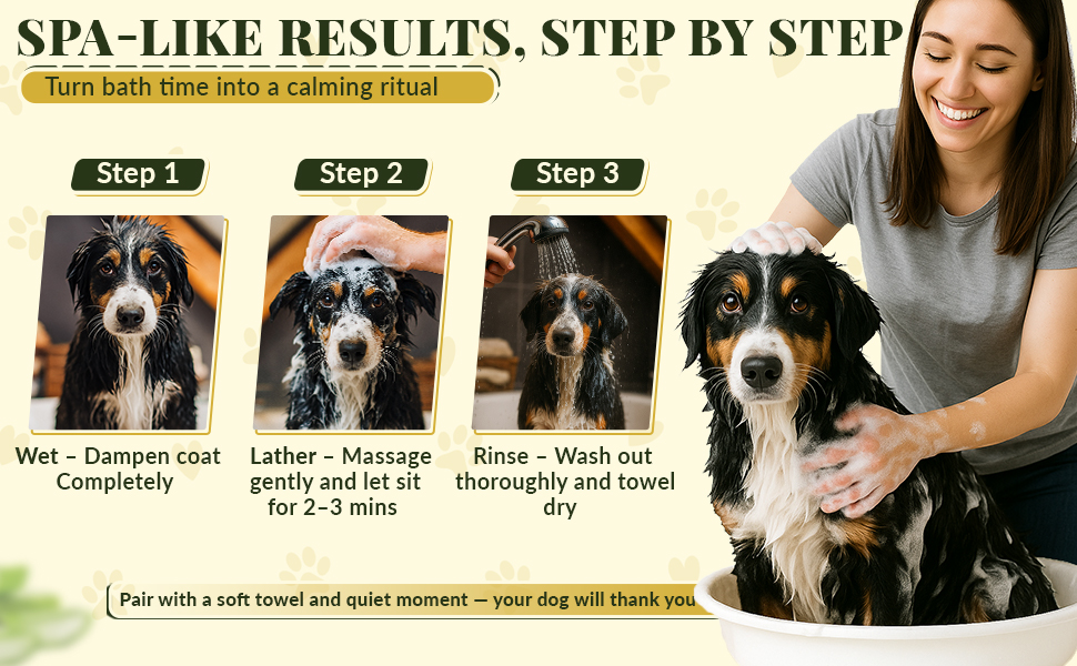 Step by step dog bathing guide – wet, lather, rinse using Barrow & Hound shampoo