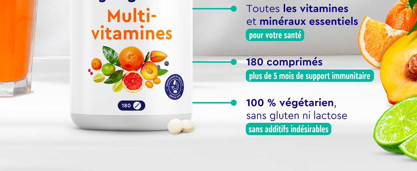 Flacon de supplément multivitaminique avec étiquette orange. Le produit comprend 180 comprimés, une formule 100 % végétarienne, sans gluten et sans lactose contenant des vitamines et des minéraux essentiels