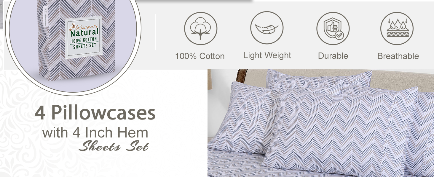 RUVANTI 4 Pcs Cotton Sheets 100 Natural Cotton Soft