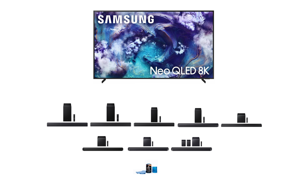 Samsung QN900F Series TV with Samsung Soundbar and Amber Screen Cleaner