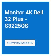 El texto dice: «Monitor Dell S3222DGS 4K de 32 pulgadas» con el botón «Más información» en la parte inferior.