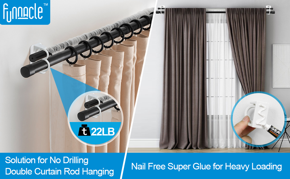 Funnacle Double Curtain Rods Brackets No Drilling Double