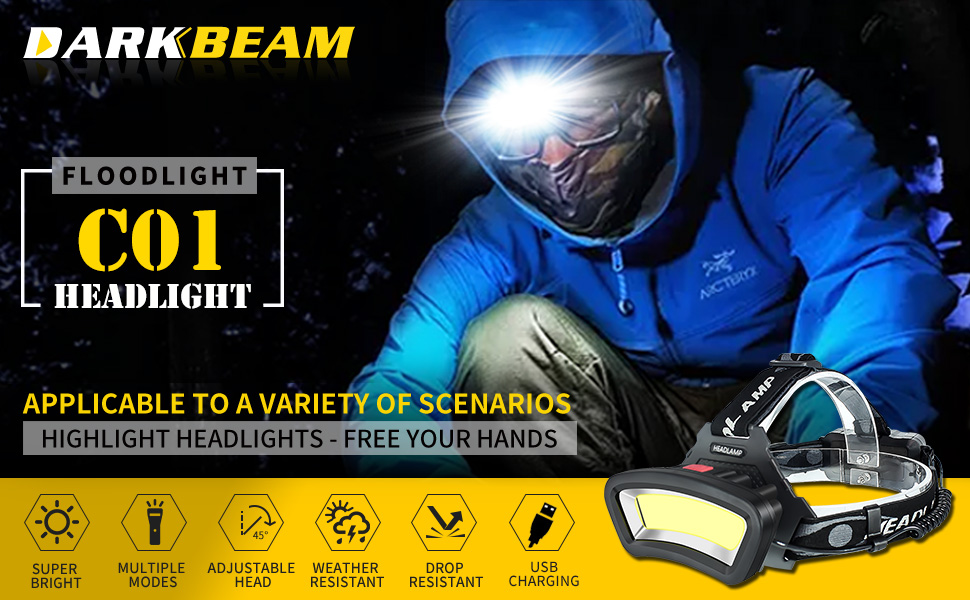 DARKBEAM Headlamp Rechargeable Helmet Light USB Head Torches for Hard