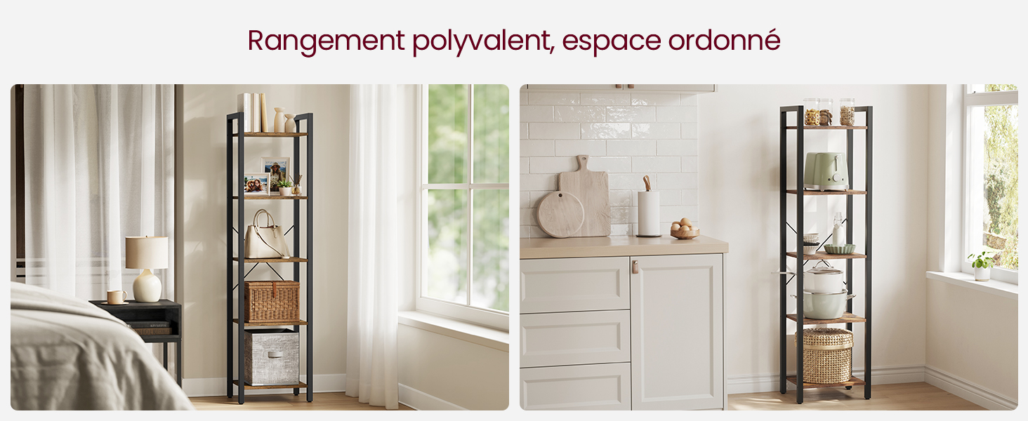 avec étagères en bois et structure en métal noir. Présenté dans les décors de la chambre et de la cuisine, présentant divers articles de décoration intérieure et ustensiles de cuisine.