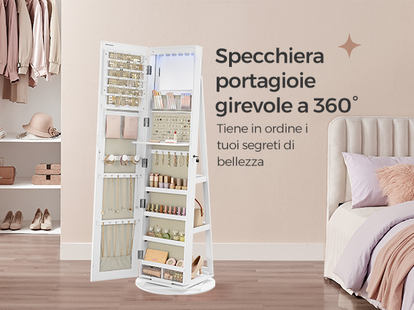 Armadietto Portagioie Girevole SONGMICS | Con Specchio A Figura Intera E Serratura