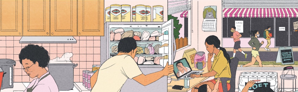an illustrated comic of a household in motion