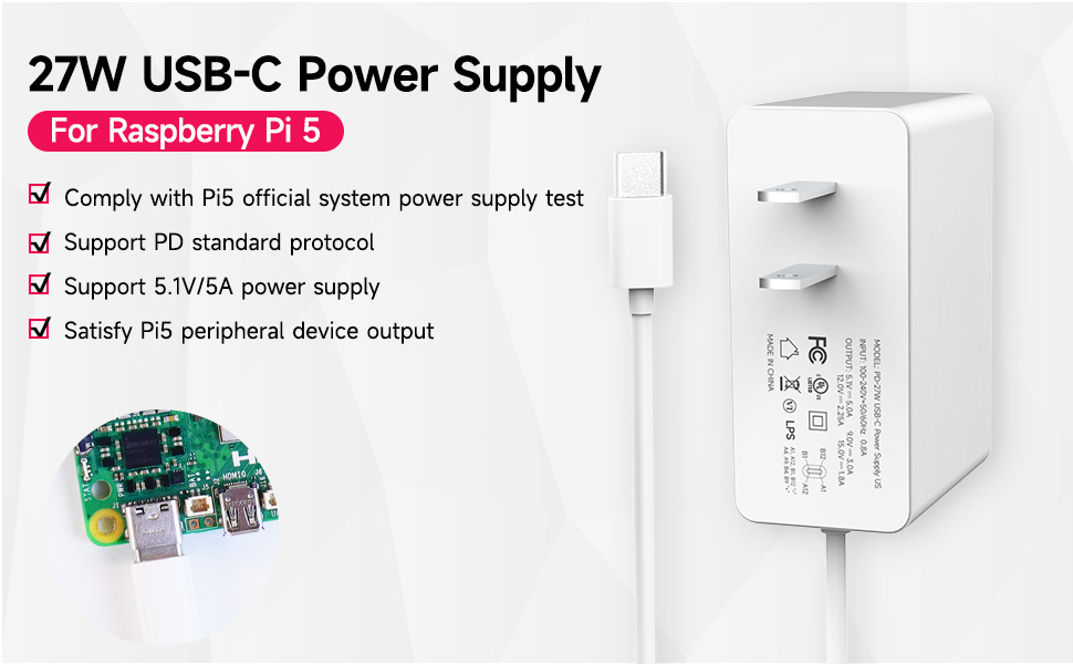 Amazon.com: Yahboom Raspberry Pi 5 Power Supply 27W USB-C US Plug PD ...