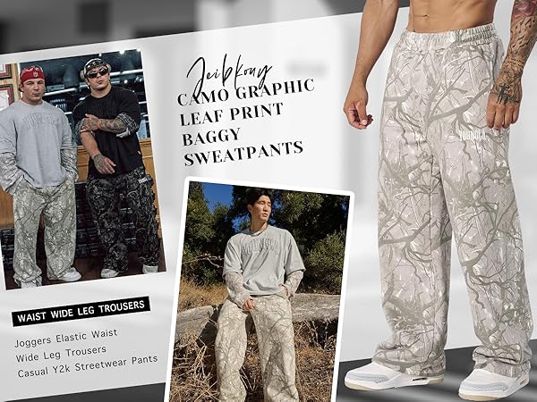 JEIBKOUY Mens Camo Graphic Leaf Print Baggy Sweatpants