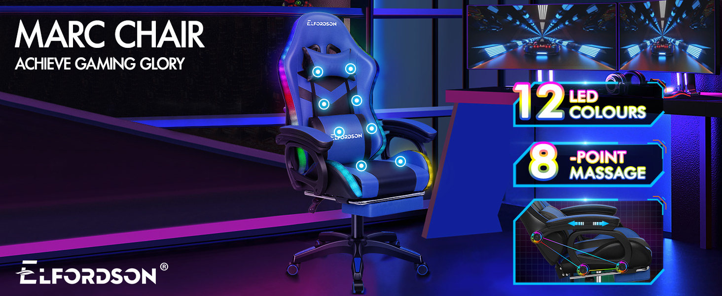 ELFORDSON Gaming Chair With RGB LED Light 8-Point Massage, Blue & Black 10 1-1