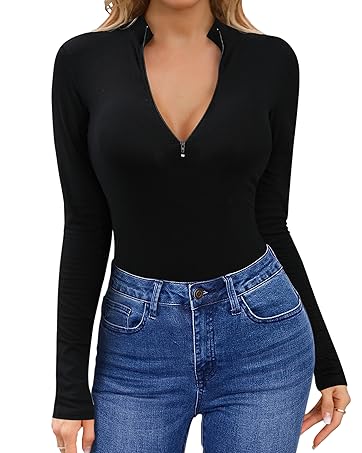 Womens Long Sleeve Deep V Zipper top