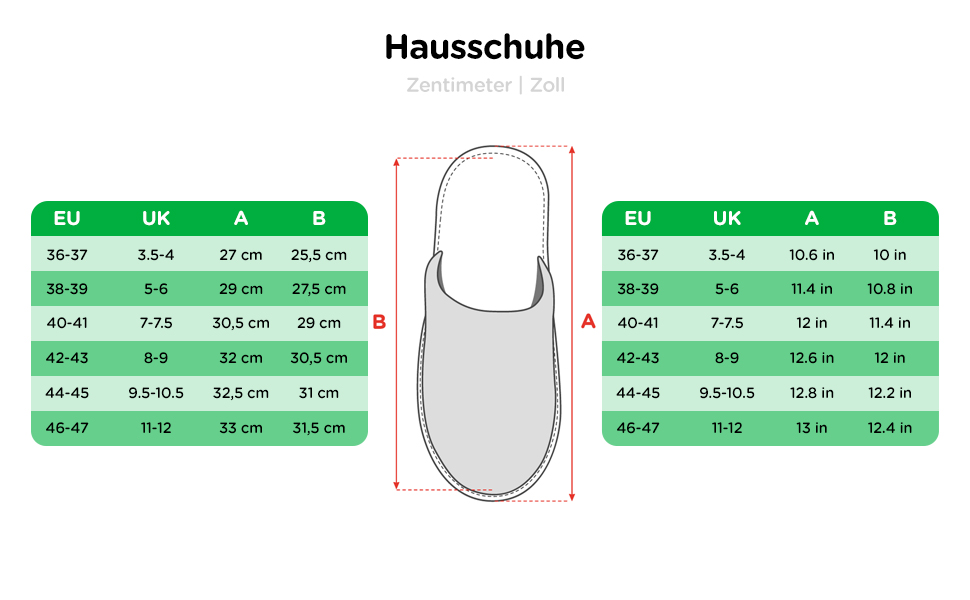 Größentabelle für Hausschuhe