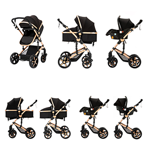 Multi-configuration stroller system in black and gold. Shows various setups including bassinet, forward-facing seat, and car seat compatibility.