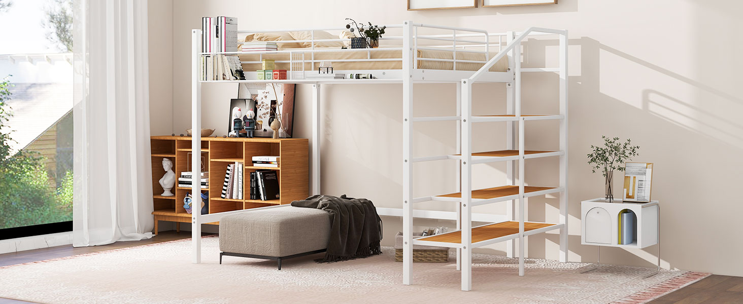 Merax Loft Bed Full Size with Storage Grid, Metal Loft Bed