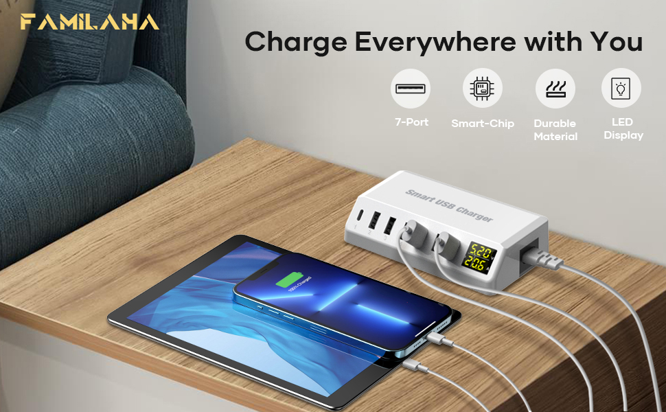 USB Charging Station, Familaha 7Port USB Charger with USBA & TypeC
