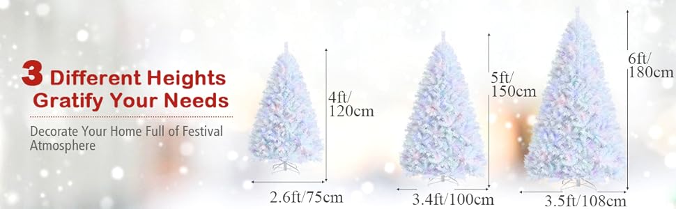 Text reads 'Image 4' and '3 Different Heights Gratify Your Needs'. White artificial Christmas trees shown in three different height options.