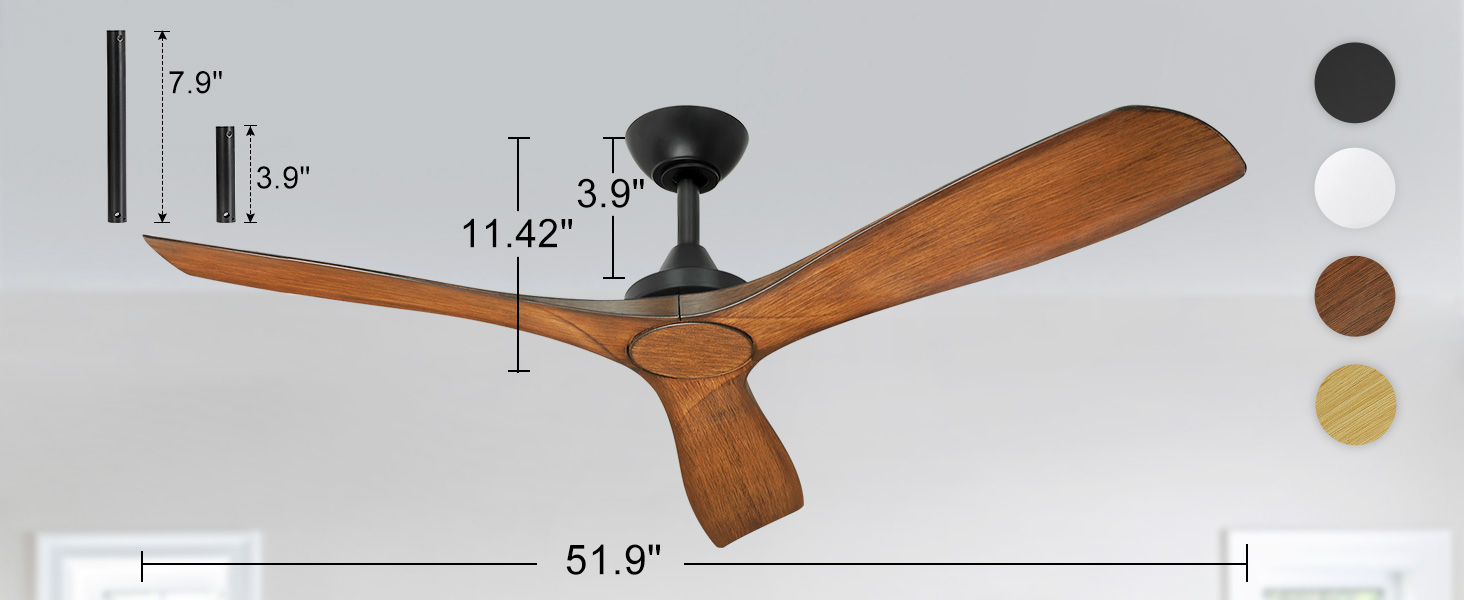 DIGLED 52 Inch Black Modern Ceiling Fan no Light with