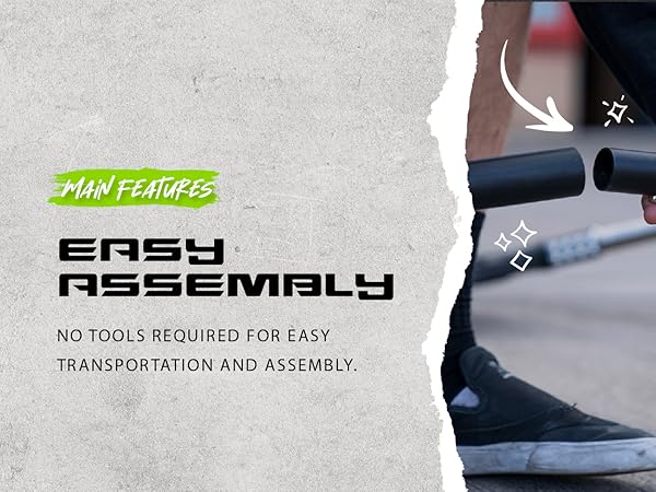 Text says, "Easy Assembly, No tools required for easy transportation and assembly"