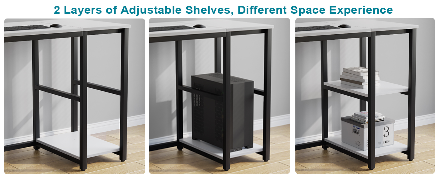 a picture of a computer desk with a shelf that holds a computer.