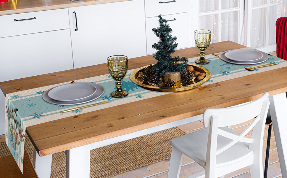 VorkiVecKi Blue Snowman Table Runner Blue Christmas Table