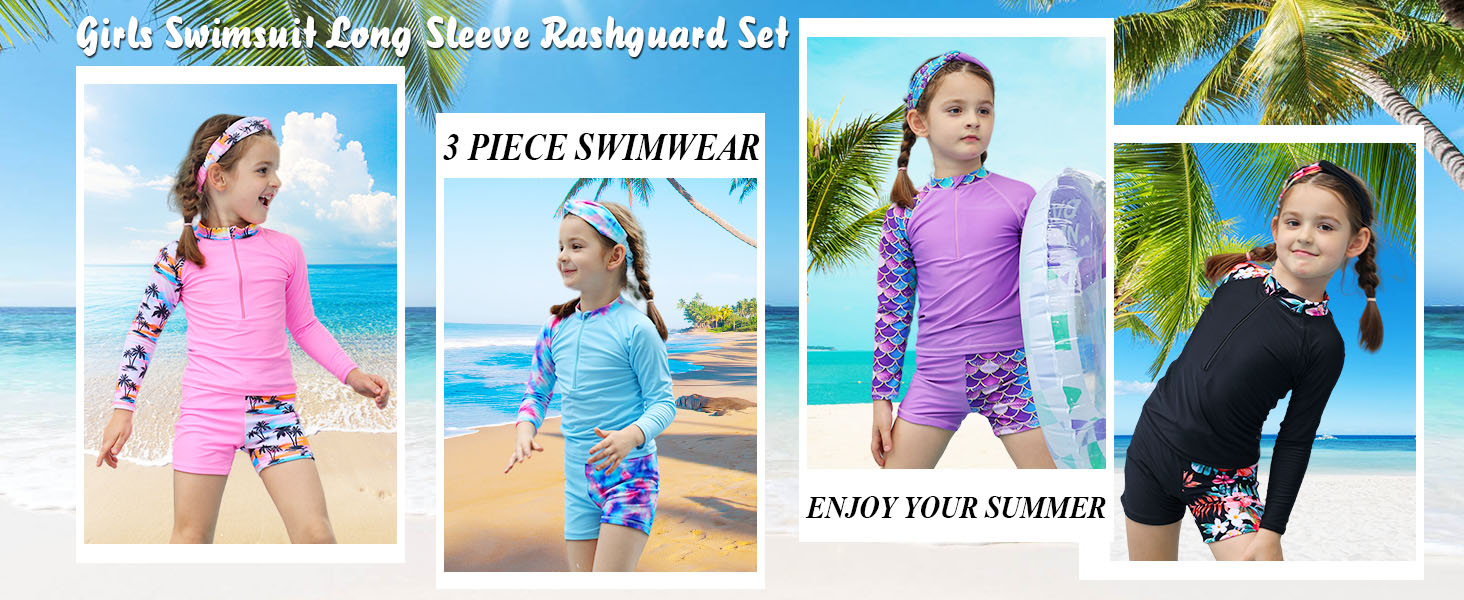  Girls Rash Guard 3 Pieces Swimsuit Long Sleeve Bathing Suit 
