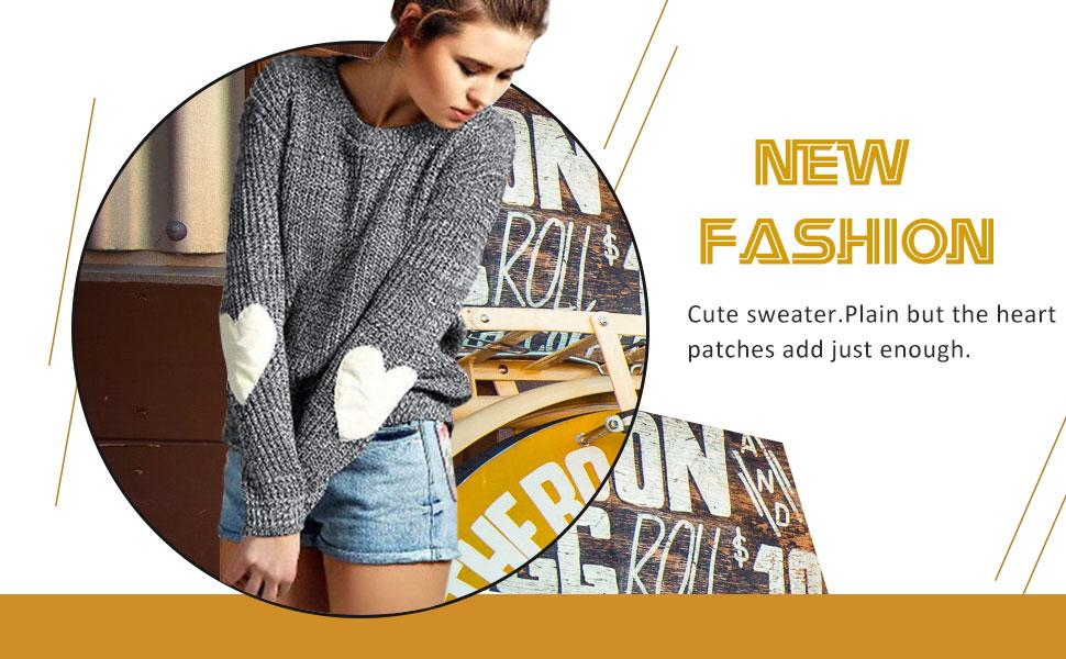 womens Long Sleeve Crewneck Knitted Sweaters Cute Heart Pattern Elbow Patchwork Pullovers