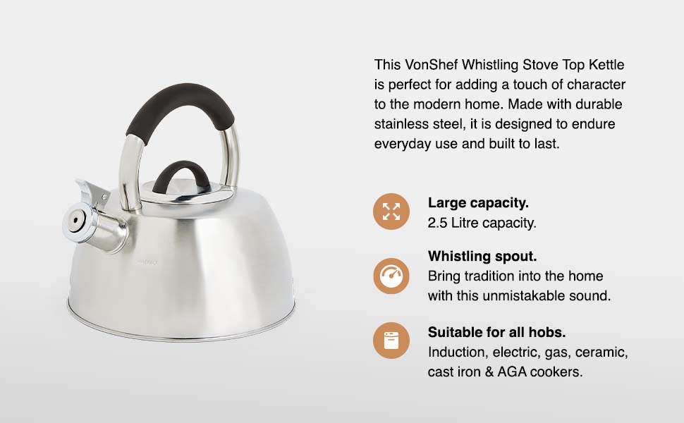 VonShef Stove Top Kettle, Stainless Steel Whistling Kettle, Silver 2.5L