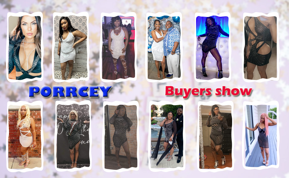 PORRCEY Women Sexy Rhinestone Dresses Party Club Night Dress Birthday Dress