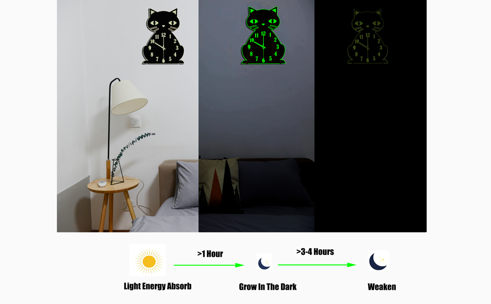Wall Clock Glow in The Dark / Night Light Cat Clock Wooden