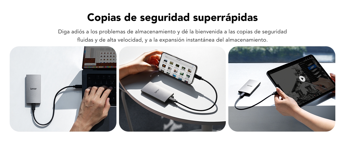 Tres paneles que muestran un dispositivo de transferencia de datos conectado a varios dispositivos: una computadora portátil, un teléfono inteligente y una tableta. El texto en español indica «copias de seguridad superrápidas