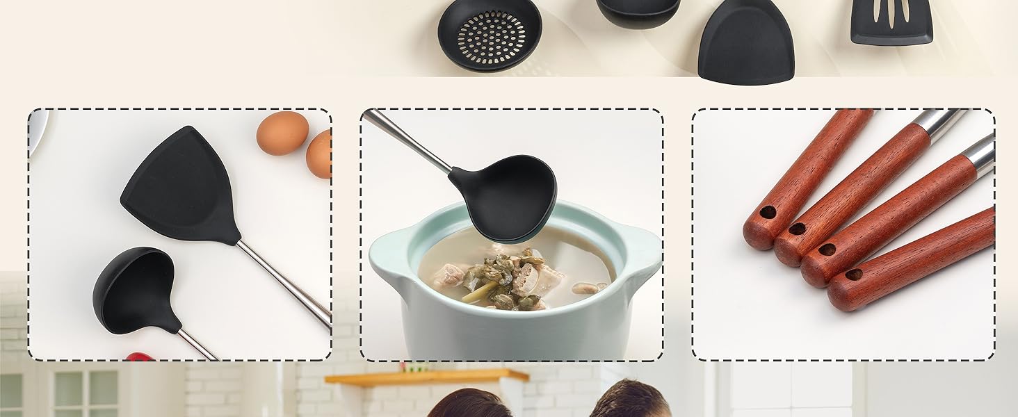 Non Stick Heat-Resistant Cooking Utensils BPA Free Kitchen Utensils Cookware Wooden Handle