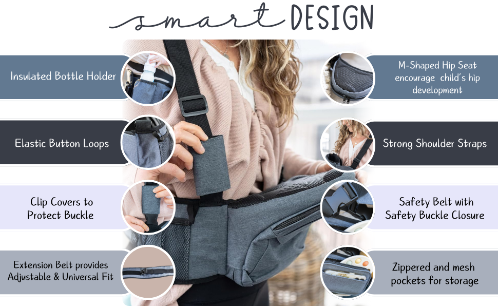 Insulated bottle holder, buckle covers, shoulder strap, child saftey belt, pockets, extention belt