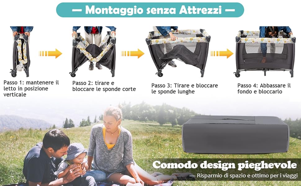 DREAMADE 4 In 1 Lettino Da Campeggio Per Bambini, Culla Neonato Con Fasciatoio, Carillon E Giocattoli Appesi, Borsa Per Il Trasporto (Blue) 4 03