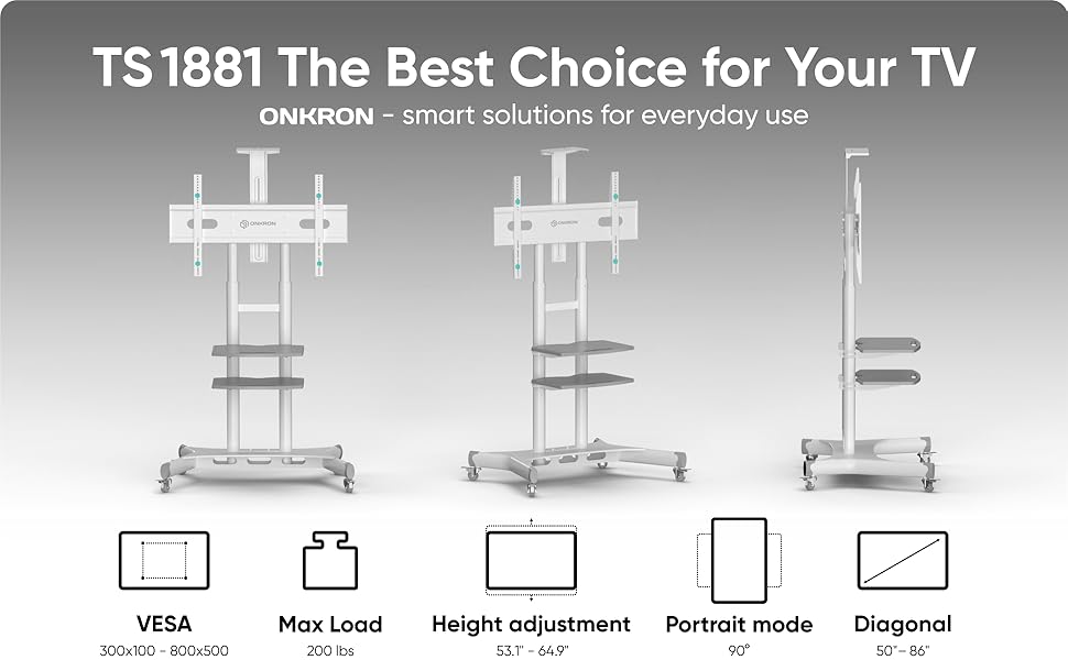 Mobile TV Stand Rolling TV Cart for 50''– 86'' screens up to 200 lbs ONKRON TS1881, White | +254100720022 inch stands outdoor screens rollable bedroom room television standing dorm adjustable high movable