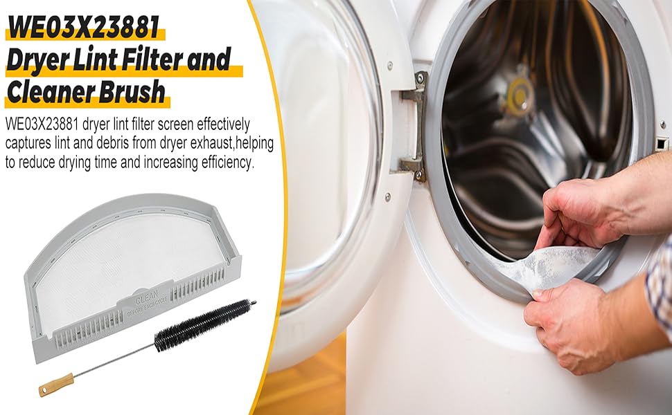 WE03X23881 Dryer Lint Filter with Cleaner Brush - Stainless Steel Screen - Compatible with GE Hotpoint Dryer - AP6031713 PS11763056 EAP11763056 gtd33eask0ww gtx22eask0ww gtd65gbsj3ws gtd42easj2ww 17 WE03X23881 Dryer Lint Filter with Cleaner Brush