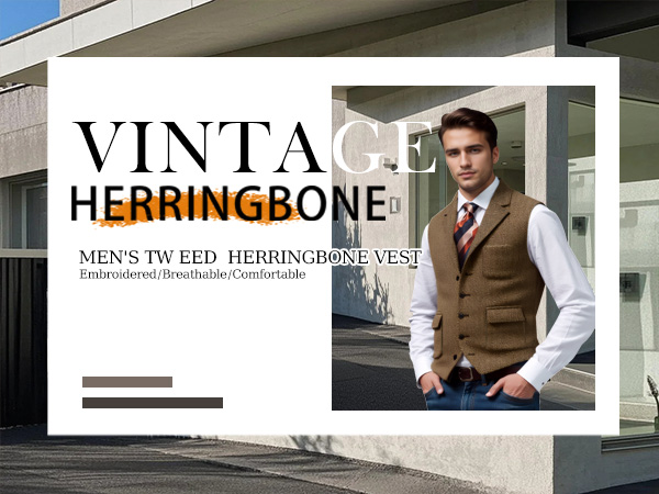 JYDress Mens Suit Vest Lapel Herringbone Tweed V Neck