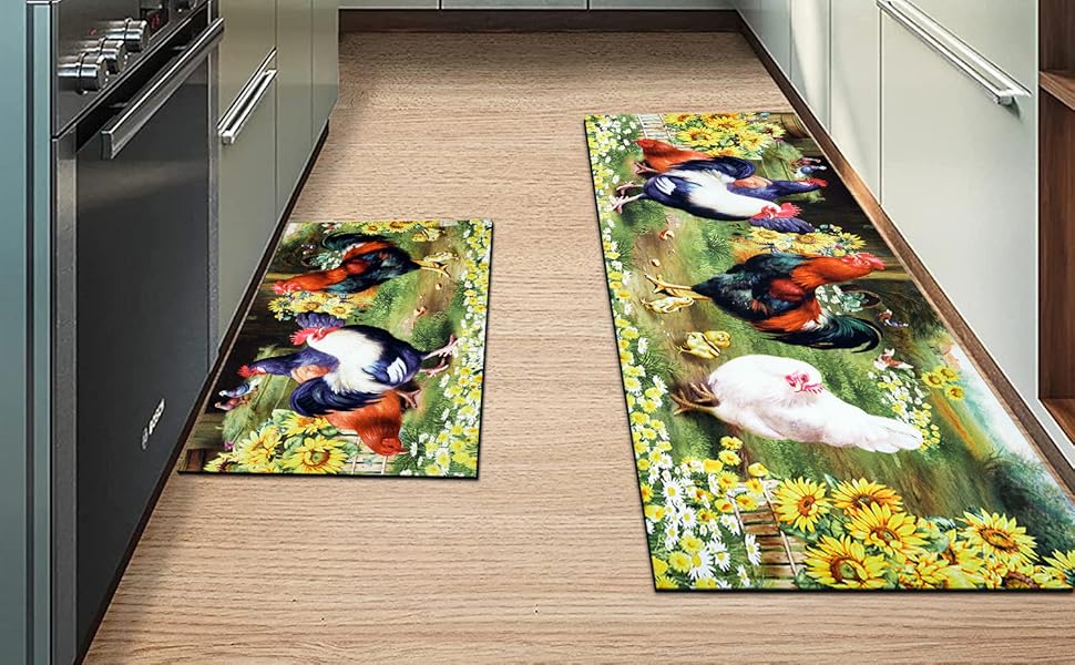 DOZARMOTA Rooster Kitchen Rug 2 Piece Set, Farmhouse