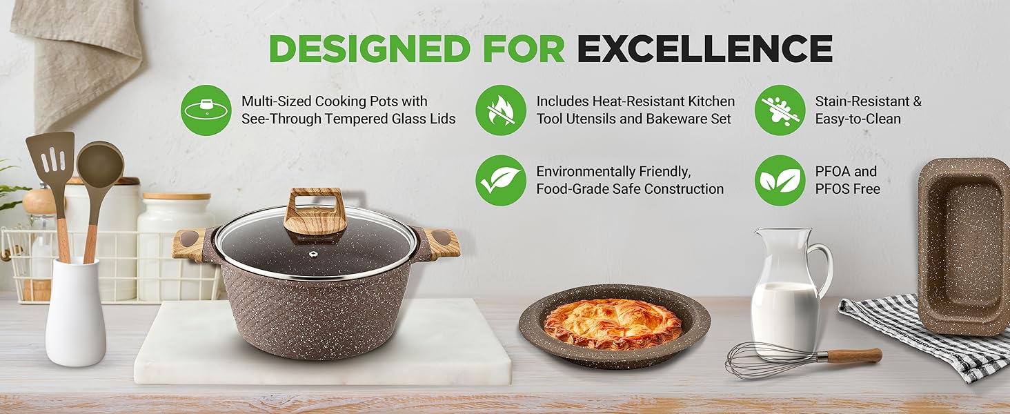 multi-sized tempered glass lids marble nonstick casserole pot ergonomic handles heat-resistant