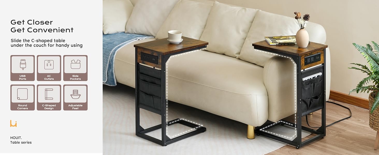 HOUIT C Shaped End Table with Charging Station Set of 2, Small Side Table for Sofa