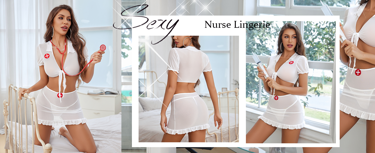 Sexy Nurse Lingerie for Women Tie Front Crop Top witj Mini Bodycon Skirt Roleplay Lingerie Set