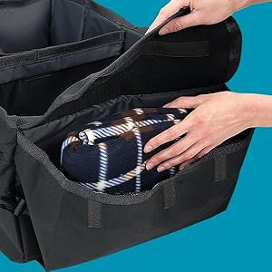 SUV trunk organizer with large covered compartment